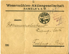 1923, 28.Aug., Bf.m. Gebühr-bezahlt-Stpl. HAMELN 1 *g(Handstpl.) nach Freiburg. Porto: 2...