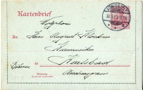 1903, 30.Jan., 10Pfg.-GA-Kartenbf. KÖNIGSZELT **a(Handstpl.) nach KARLSBAD 1(Österreic...