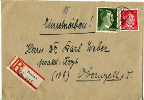 1945, 3.Feb., R-Bf.m. MiF. PASSAU 1 g(Handstpl.) nach Obernzell. Porto: RM 0.42.