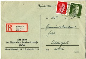 1943, 12.Jun., R-Bf.m. MiF. PASSAU 2 d(Handstpl.) nach Obernzell. Porto: RM 0.42.