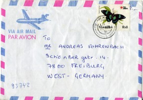 1991, 20.Nov., Lp.-Bf.m. EF. CUREPIPE, MAURITIUS 5(Handstpl.) nach Deutschland. Porto: R...