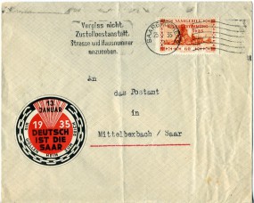 1935, 25.Jan., Bf.m. EF. SAARBRÜCKEN 2 - VERGISS NICHT ZUSTELLPOSTANSTALT, STRASSE UND HA...