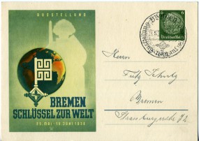 1938, 30.Mai , 6Pfg.-GA-Kte. BREMEN - AUSSTELLUNG SCHLÜSSEL ZUR WELT(So.-Stpl.) nach Bre...
