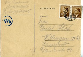 1944, 10.Okt., Kte. m. MeF. PRAG 2 PRAHA 2 3b(Handstpl.) nach Villingen(Deutschland). Po...