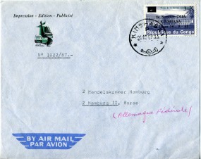 1967, 21.Okt., Lp.-Bf.m. EF. KINSHASA 1(Handstpl.) nach Westdeutschland. Porto: 3 K.