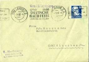1950, 7.Jun., Bf.m. EF. (10b) LEIPZIG C2 a - 1750 1950 DEUTSCHE BACH-FEIER LEIPZIG 23.-30...