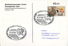 1986, 25.Okt., Ans.-Kte. m. EF. 7032 SINDELFINGEN 1 - SAATKRÄHE BRIEFMARKENAUSSTELLUNG NA...