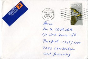 1976, 17.Dez., Lp.-Bf.m. EF. DURBAN(Masch.-Stpl.) nach Westdeutschland. Porto: R.0.30.