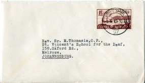 1949, 2.Mai , Bf.m. EF. PRETORIA 97(Handstpl.) nach Johannesburg. Porto: 1 1/2d.