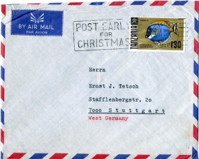 1968, 11.Okt., Lp.-Bf.m. EF. DAR-ES-SALAAM TANZANIA - POST EARLY FOR CHRISTMAS(Masch.-We...