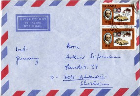 1995, ...Feb., Lp.-Bf.m. MeF. KAMPALA UGANDA(undeutl.Handstpl.) nach Deutschland. Porto:...
