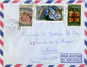 1965, 29.Mrz., Lp.-Bf.m. MiF. NOUMEA NOUVELLE CALEDONIE(Handstpl.) nach Frankreich. Port...