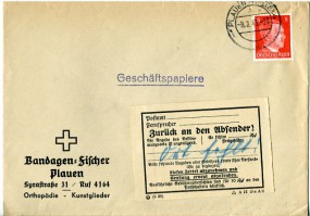 1943, 9.Feb., Bf.m. EF. PLAUEN (VOGTL) 4 J(Handstpl.) nach ???. Porto: RM 0.08. M. Retou...