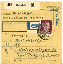 1944, 5.Apr., Paketkte. m. EF. KNITTELFELD.(Handstpl.) nach Unterpulsgau. Porto: (RM 0.5...