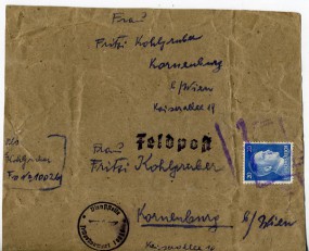 1942, , Feldpost-Pn.-Vorderseite m. EF. ..(undeutl.viol.Handstpl.) nach Korneuburg. Port...