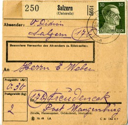 1944, 28.Sep., Paketkte. m. EF. SALZERN a(Handstpl.) nach Freudeneck. Porto: RM 0.30.