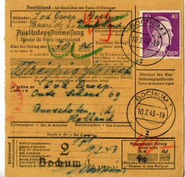 1943, 10.Feb., Postanweisung m. EF. BOCHUM 1 z(Handstpl.) nach AMERSFOORT 6(Niederland...