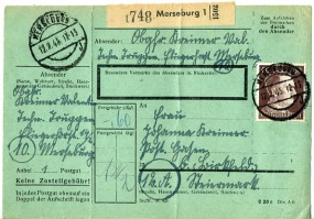 1945, 12.Feb., Paketkte. m. EF. MERSEBURG d(Handstpl.) nach Birkfeld. Porto: RM 0.60.