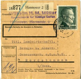 1944, 24.Mrz., Paketkte. m. EF. HANNOVER 2.(Handstpl.) nach NORDSTEMMEN b. Postlaufzei...