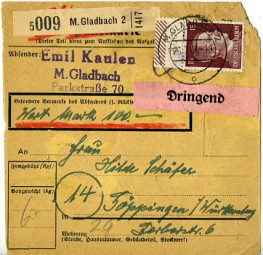 1944, 26.Jul., Paketkte. m. MiF. M. GLADBACH 2 o(Handstpl.) nach Göppingen. Porto: RM 2....