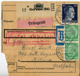 1943, 8.Mrz., Paketkte. m. MiF. OBERWESEL (RHEIN) a(Handstpl.) nach Altena. Porto: RM 1....