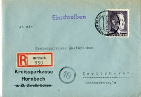 1944, 1.Nov., R-Bf.m. EF. HORNBACH a(Handstpl.) nach ZWEIBRÜCKEN 2 e. Postlaufzeit: 1 ...