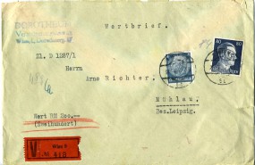 1942, 20.Mai , W-Bf.m. MiF. 1 WIEN 9 5b(österr. Handstpl.) nach MÜHLAU ÜBER BURGSTÄDT -...