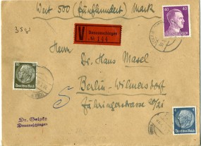 1942, 30.Mai , W-Bf.m. MiF. DONAUESCHINGEN..(Handstpl.) nach BERLIN-WILMERSDORF 1 k. P...