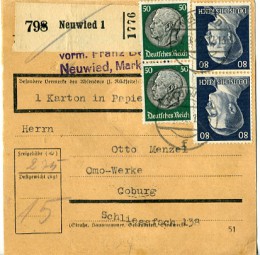 1942, 17.Sep., Paketkte. m. MiF. NEUWIED 1(Handstpl.) nach COBURG 1 m. Postlaufzeit: 6...