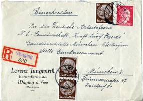 1943, 8.Mrz., R-Bf.m. MiF. WAGING(Handstpl.) nach MÜNCHEN 2 BZ HAUPTSTADT DER BEWEGUNG ...