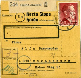 1944, 11.Aug., Paketkte. m. EF. HAIDA (SUDETENLAND) e(Handstpl.) nach Straßburg. Porto: ...