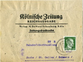 1944, 5.Feb., Streifband m. EF. KÖLN. hm(Handstpl.) in die Schweiz. Porto: RM 0.05.