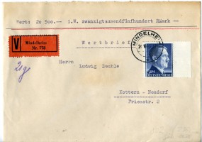 1943, 20.Okt., W-Bf.m. EF. MINDELHEIM c(Handstpl.) nach Kotten-Neudorf. Porto: RM 5.00.