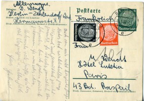 1937, 14.Sep., 6Pfg.-GA-Kte.m. Zus.-Frankatur. BERLIN C2 e(Handstpl.) nach Frankreich. P...