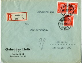 1928, 27.Mrz., R-Bf.m. MeF. BERLIN S14 *b(Handstpl.) nach LEIPZIG C1 *h. Postlaufzeit:...
