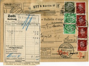 1933, 29.Dez., Paketkte. m. MiF. BERLIN O17 *n(Handstpl.) über DEUTSCHE KARTIERUNGS=STE...