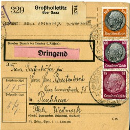 1942, 13.Apr., Paketkte. m. MiF. Großholletitz(o. Stpl.) über SAAZ -.. nach RUCHHEIM ...