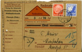 1937, 29.Mai , NN-Drucks.-Kte. m. MiF. PÖSSNECK **d(Handstpl.) nach Wiesbaden. Porto: RM...