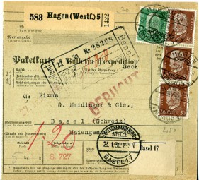1930, 22.Jan., Paketkte. m. MiF. HAGEN (WESTF.) 5 *m(Handstpl.) über DEUTSCHE KARTIERUN...