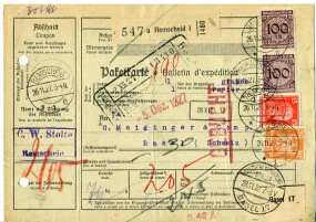 1927, 26.Nov., Paketkte. m. MiF. REMSCHEID 1 *e(Handstpl.) in die Schweiz. Porto: RM 2.6...