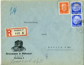 1933, 20.Feb., Postauftrag-R-Bf.m. MiF. HAMBURG 8 *r(Handstpl.) nach BERLIN W30 **. Po...