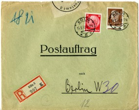 1933, 14.Aug., Postauftrag-R-Bf.m. MiF. KÖLN 5 *e(Handstpl.) nach BERLIN W30 **. Postl...