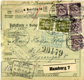 1926, 12.Feb., Paketkte. m. MiF. BERLIN SO16 *e(Handstpl.) nach OSLO *(Norwegen). Post...