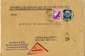 1938, 18.Okt., NN-Bf.m. MiF. DRESDEN A3 o(Handstpl.) nach Halle. Porto: RM 0.44.