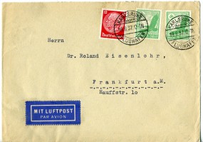 1937, 19.Aug., Lp.-Bf.m. MiF. KARLSRUHE (BADEN) FLUGHAFEN(Handstpl.) nach Frankfurt/M. P...