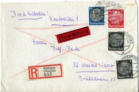 1940, 7.Mrz., R-Eil-Bf.m. MiF. BÜDINGEN (OBERHESS) b(Handstpl.) nach ST. WENDEL (SAAR) ...