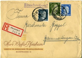 1944, 18.Feb., R-Bf.m. MiF. PFORZHEIM 1 ad(Handstpl.) nach Gammertingen. Porto: RM 0.54....