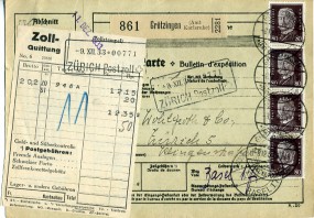 1933, 8.Dez., Paketkte. m. MiF. GRÖTZINGEN (AMT KARLSRUHE) *a(Handstpl.) über DEUTSCHE ...