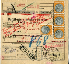 1938, 27.Aug., W-Paketkte. m. MiF. IDAR-OBERSTEIN 2 a(Handstpl.) über BASEL 17 TRANSIT ...