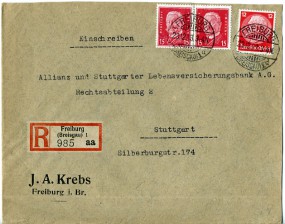 1933, 23.Dez., R-Bf.m. MiF. FREIBURG (BREISGAU) 1 *d(Handstpl.) nach STUTTGART 1 r. Po...